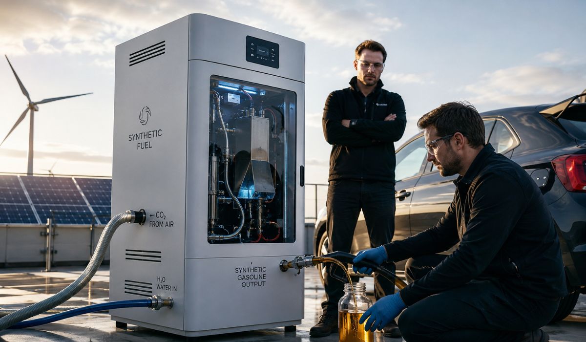 Startup cria gasolina sintética com ar, água e eletricidade renovável em máquina compacta; tecnologia mira motores a combustão atuais. (Imagem: Ilustrativa)