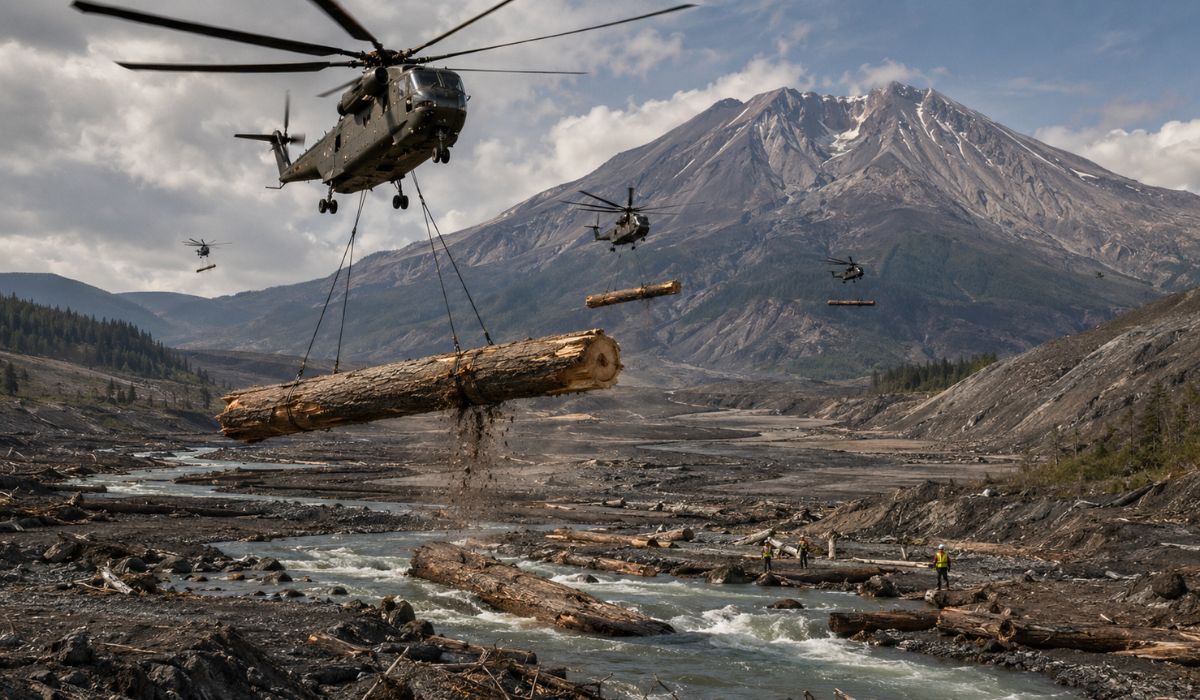 Helicópteros levam milhares de troncos ao South Fork Toutle para reconstruir canais e criar abrigo para seis populações de salmões e trutas. (Imagem: Ilustrativa)