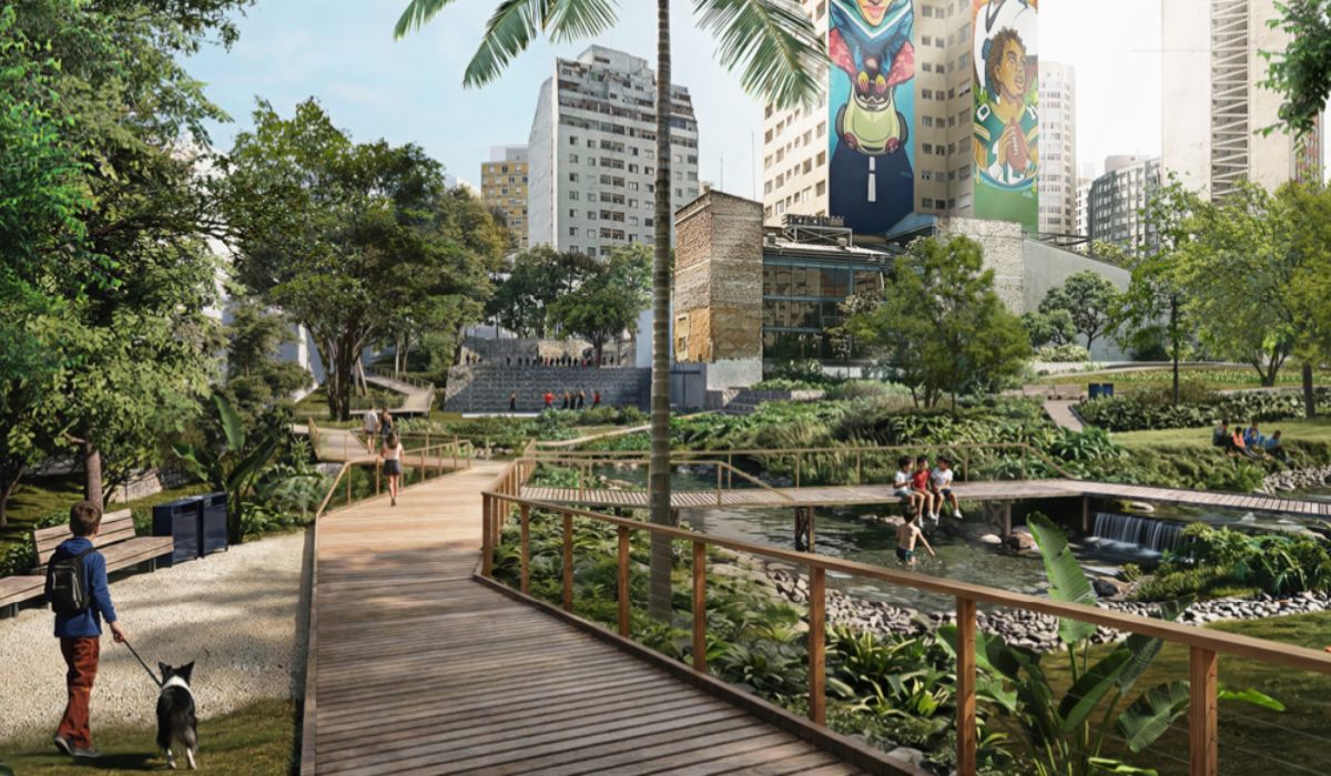 Official perspective of the winning project for the Bixiga Municipal Park shows the wooden walkway following the renaturalized stream among green areas and leisure spaces. Credit: Disclosure/Municipal Department of Green and Environment