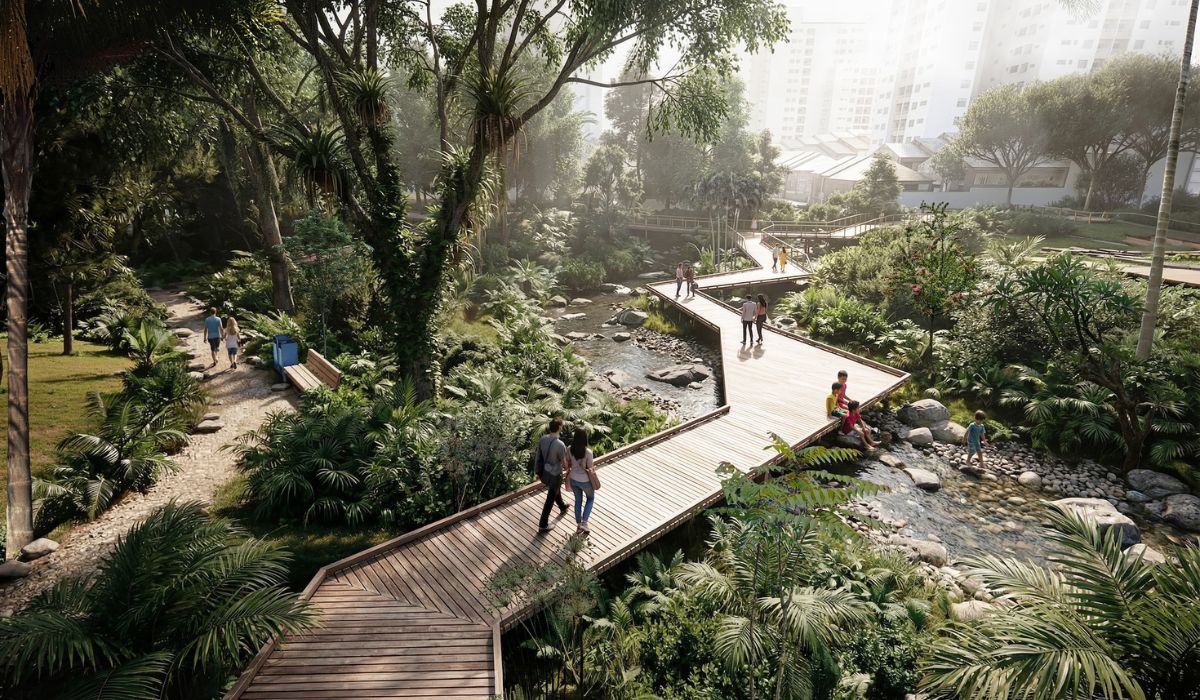The deck-footbridge should cross the Lower Park and follow the meanders of the stream, connecting paths, clearings, and vegetation areas. Credit: Divulgação/Democratic Architects.