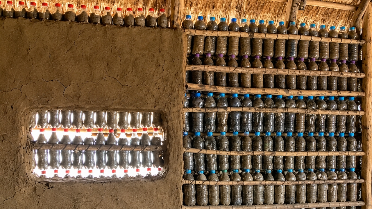 Parede construída com garrafas plásticas cheias de areia e barro, técnica usada em Bentiu, no Sudão do Sul, para criar abrigos mais frescos e resistentes em áreas afetadas por enchentes. Fonte: OIM.