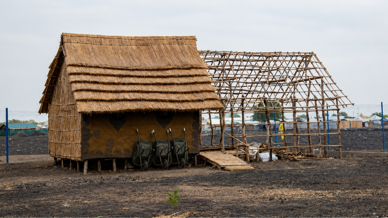 Abrigo modelo em Bentiu, no Sudão do Sul, combina paredes feitas com garrafas plásticas e materiais locais para criar uma moradia mais segura, sustentável e preparada para resistir às enchentes sazonais. Foto: IOM 2025 / Nabie Loyce.