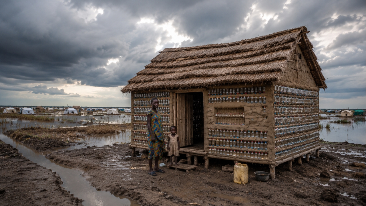 Em região tomada por enchentes, famílias deslocadas transformam milhares de garrafas plásticas cheias de areia em casas mais frescas e resistentes para tentar reconstruir a vida no Sudão do Sul