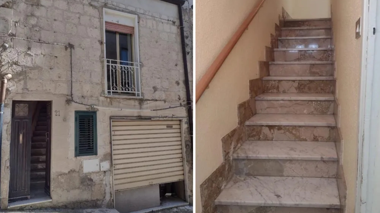 A brasileira Rubia Daniels recuperou a fachada de uma casa comprada por 1 euro na Sicília e manteve a escada original de mármore, transformando uma antiga construção italiana em projeto de vida. Fonte: Rubia Daniels / Arquivo pessoal.