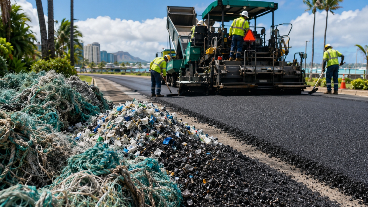 Esqueça o asfalto comum: Havaí começa a transformar redes de pesca abandonadas e plástico doméstico em pavimento urbano, usando lixo retirado do mar e resíduos de Honolulu para testar uma nova estrada experimental em Oahu