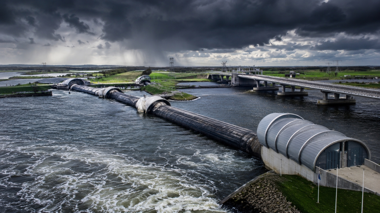 Holanda construiu uma barreira inflável gigante com 240 metros que fica escondida no fundo da água e sobe como uma bolsa de ar quando tempestades ameaçam empurrar milhões de litros contra cidades inteiras