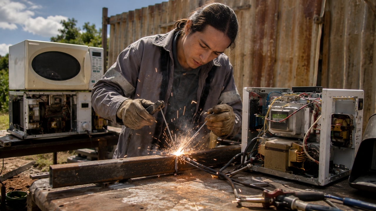 Homem reaproveita dois micro-ondas velhos que iriam parar no ferro-velho, usa transformadores retirados dos aparelhos e monta uma máquina de solda caseira que chega a mais de 100 amperes para unir peças de metal