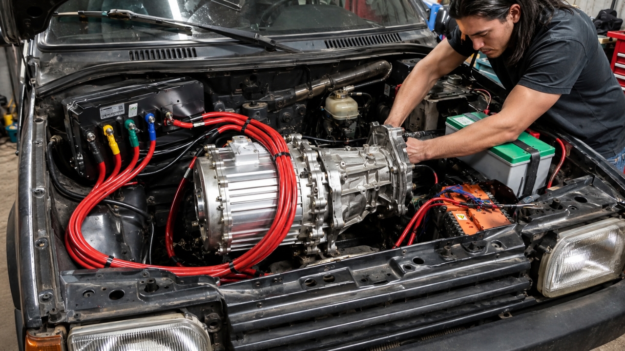 Mecânicos adaptam motor elétrico de BYD no câmbio de um Fiat Uno velho, rebobinam o conjunto para trabalhar com baixa tensão e fazem o carro rodar em silêncio, subir ladeira e chegar perto de 60 km/h ainda em teste caseiro