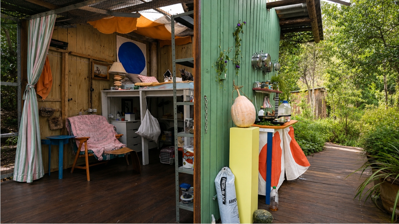 Interior do eco-barraco de Luísa Matsushita em Garopaba mostra a estrutura compacta cercada por natureza, com cama elevada, utensílios à vista, deck externo e soluções simples de moradia sustentável.