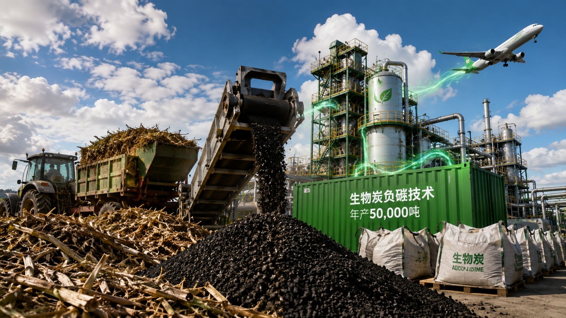 Tecnologia verde da China transforma resíduos agrícolas em biochar: vira adubo, turbina o armazenamento de energia e aponta para o querosene de avião.