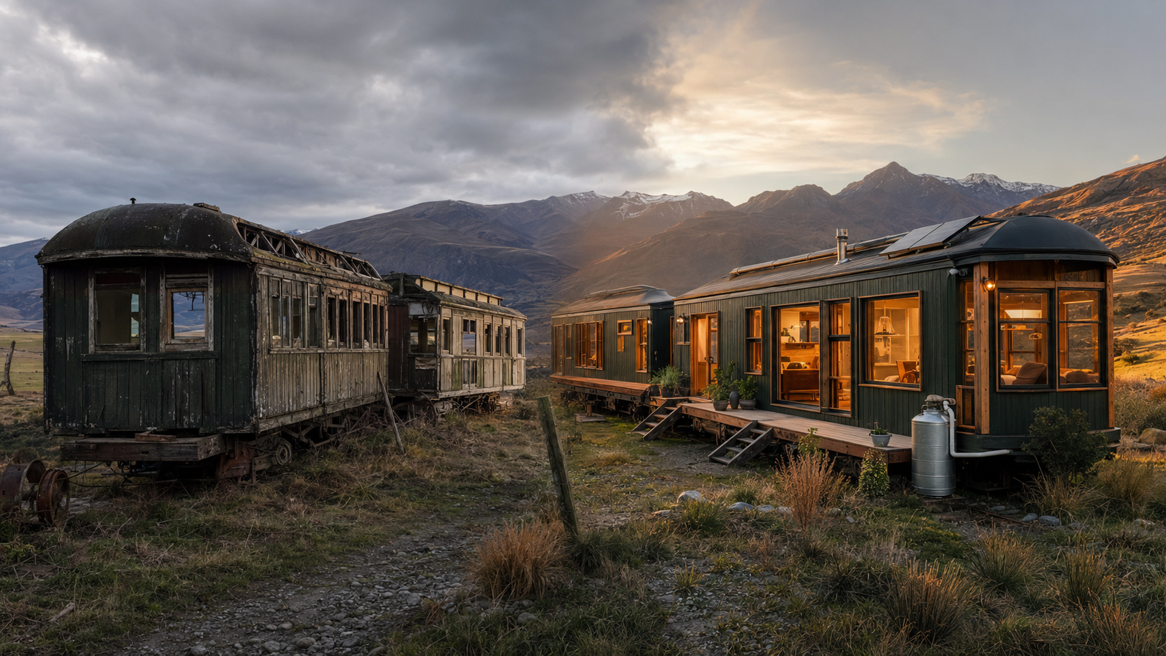 Dois vagões ferroviários abandonados num campo de Central Otago, na Nova Zelândia, passaram por 8 anos de restauração
