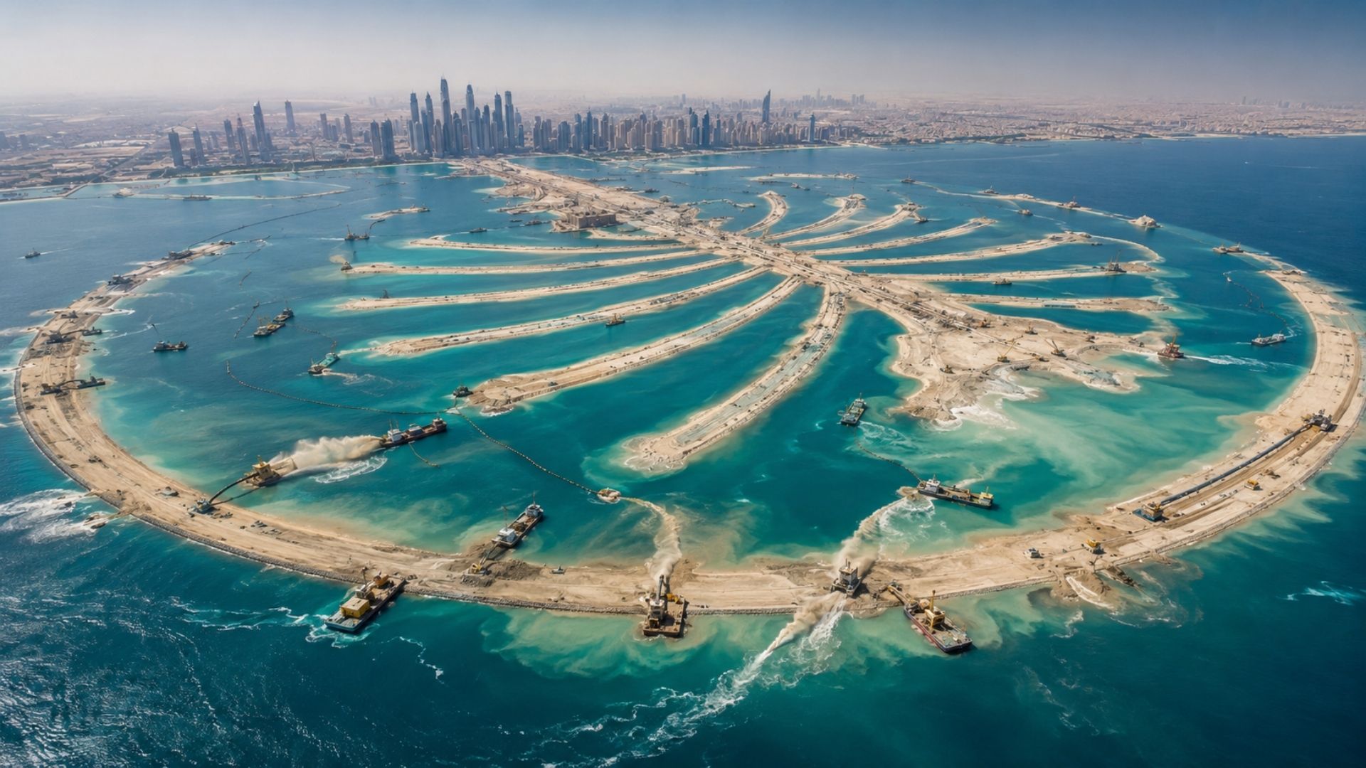 Dubai despejou 94 milhões de m³ de areia do fundo do Golfo Pérsico e desenhou no mar uma palmeira gigante