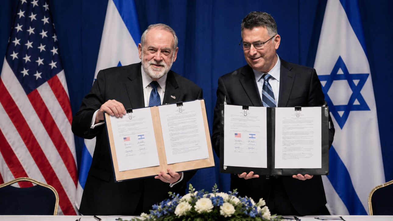 Representantes dos Estados Unidos e de Israel exibem documentos assinados em cerimônia diplomática com bandeiras ao fundo.