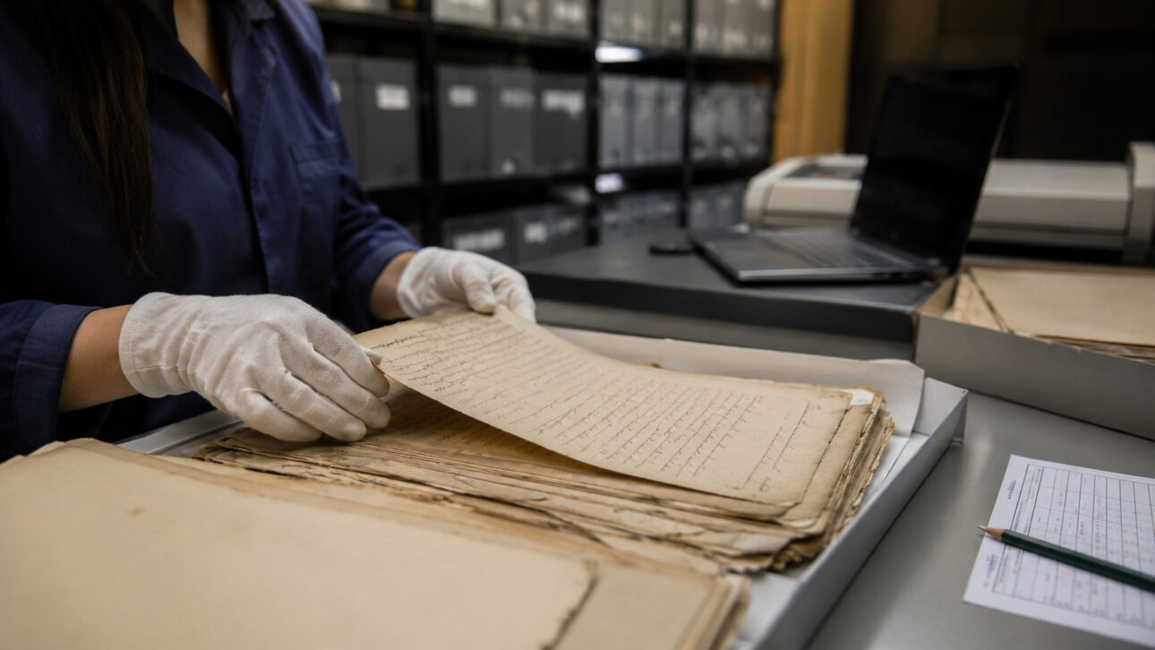 Especialista com luvas manuseia documentos antigos durante o processo de preservação e digitalização de acervos.
