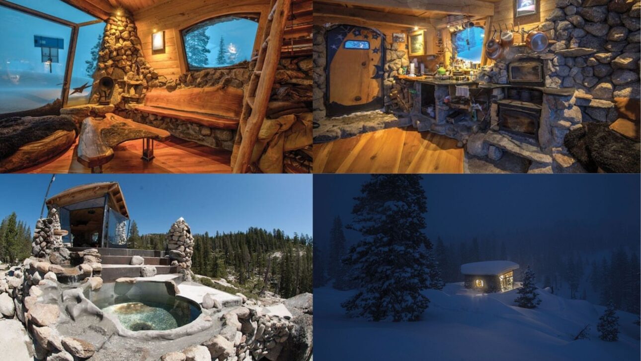 A cabana construída à mão por Mike Basich resistiu a muitas tempestades de neve em seu ponto privilegiado no Donner Summit, como esta em janeiro de 2019, foto de Ryan Salm.