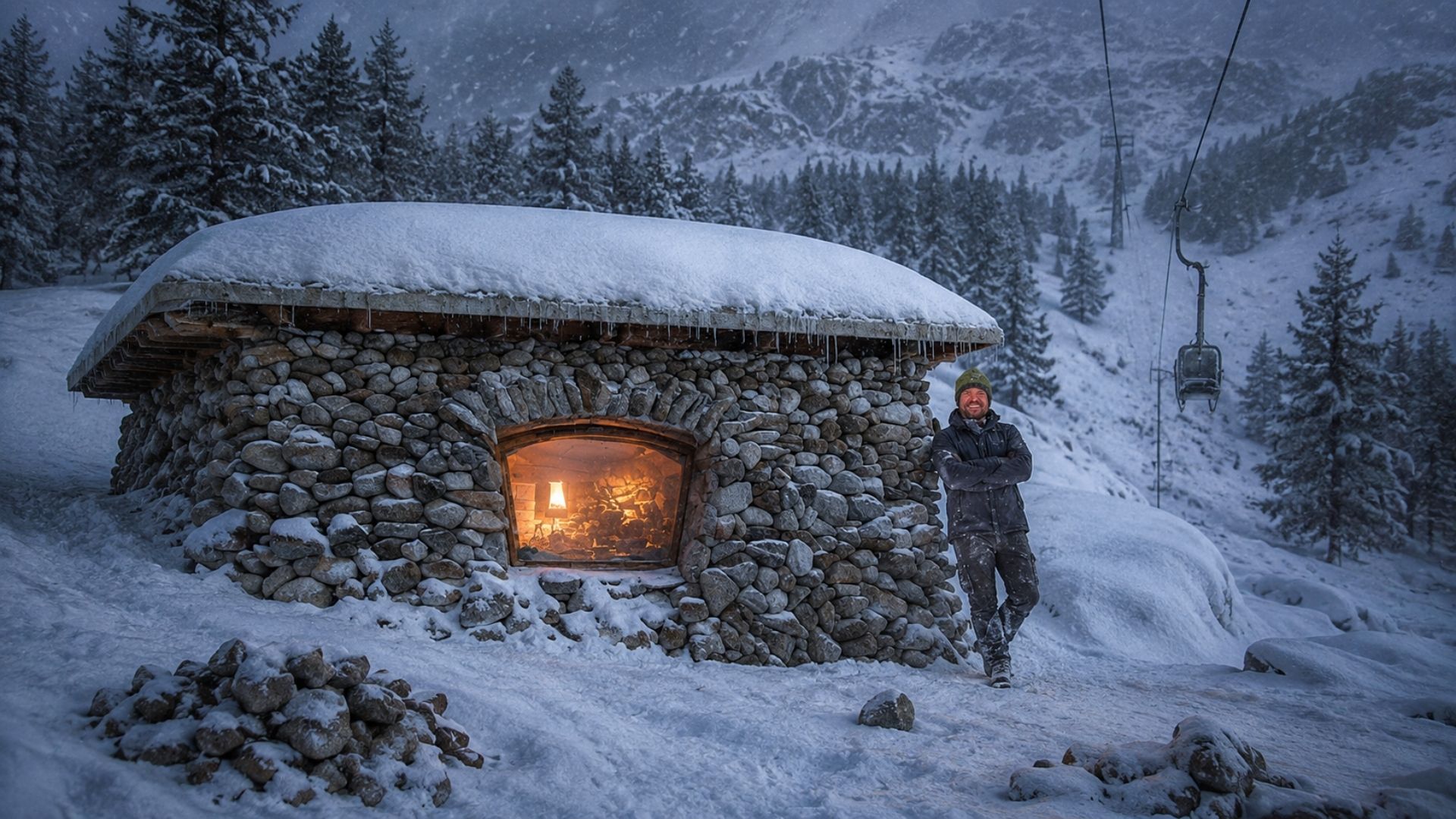 Snowboarder carregou 175 toneladas de granito e levou 5 anos para erguer uma cabana de 28 m² sem luz da rua na montanha