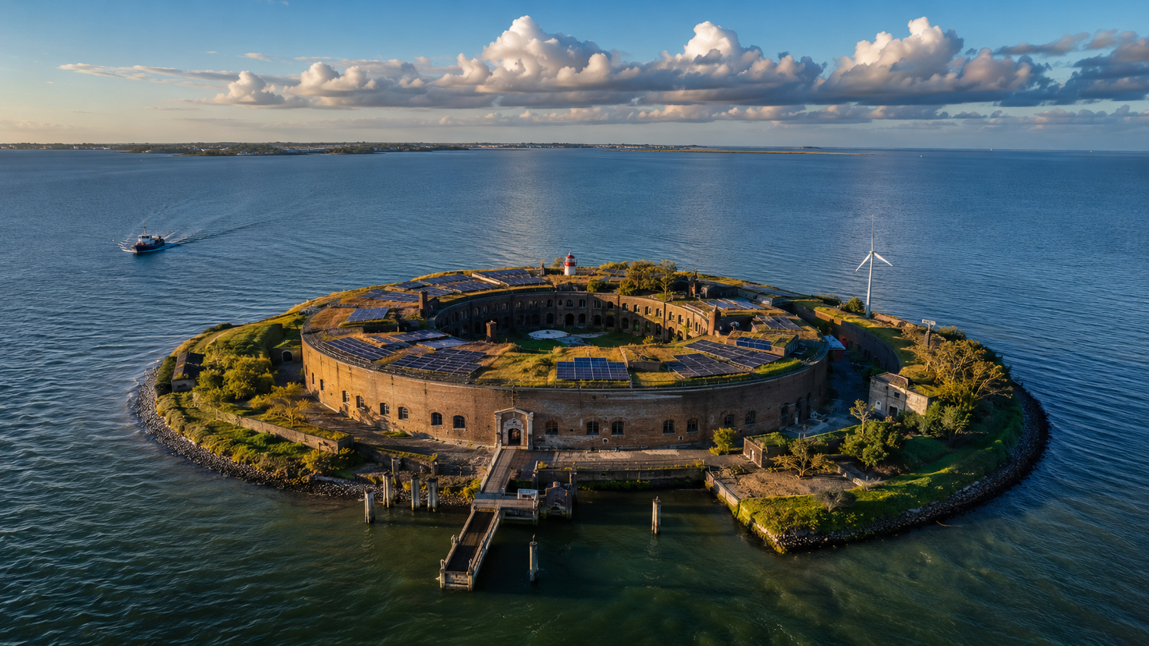 Enquanto água e energia precisavam chegar de barco, o Forte Pampus, construído em 1895 sobre uma ilha artificial, passou a produzir eletricidade com sol e vento