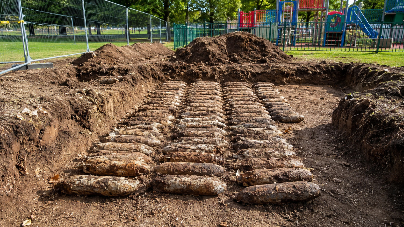 Reforma de um playground na Inglaterra revelou 176 bombas de treinamento da Segunda Guerra Mundial enterradas sob o solo após décadas de uso por crianças.