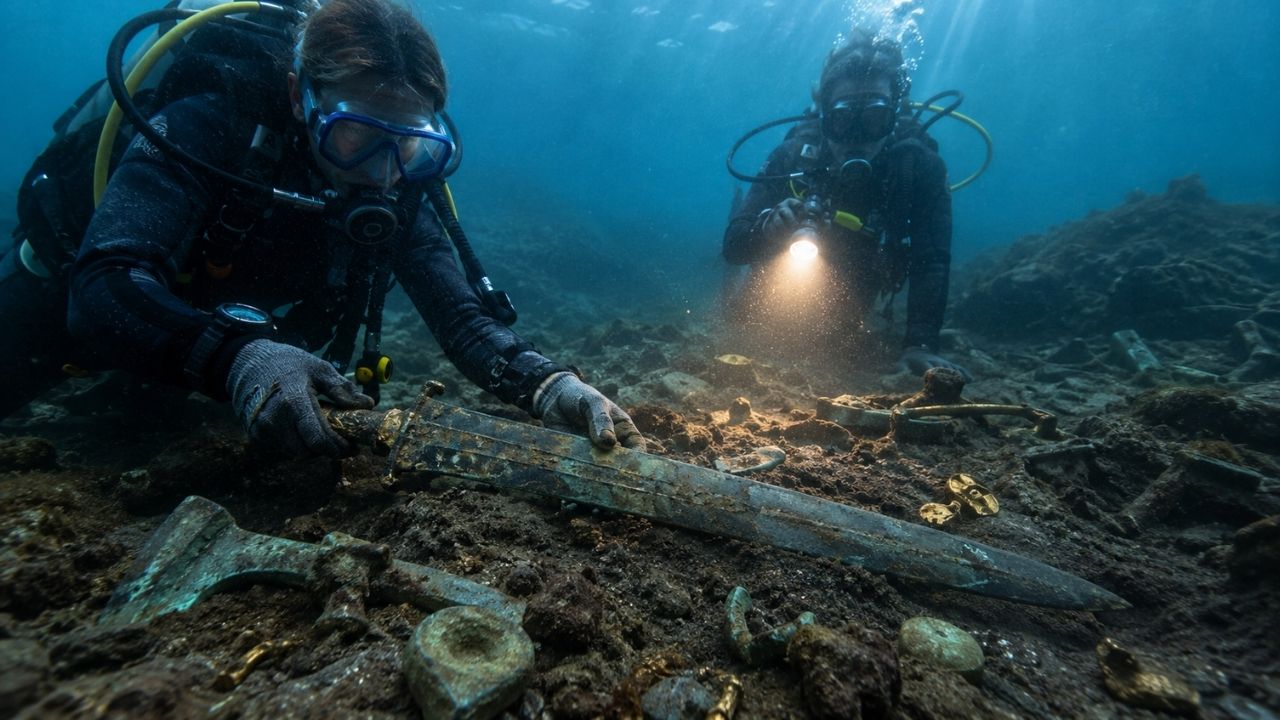 Espada da Idade do Bronze reaparece após quase 3.000 anos no fundo do mar em Devon, é recuperada por mergulhadoras voluntárias e se junta a sítio que já revelou machados, pulseira (4)