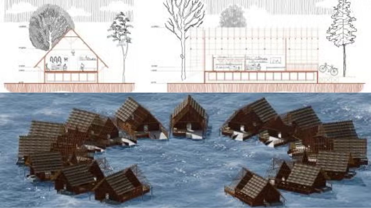 casas de bambu usam blocos flutuantes, garrafas recicladas e moradias sustentáveis para responder a enchentes.