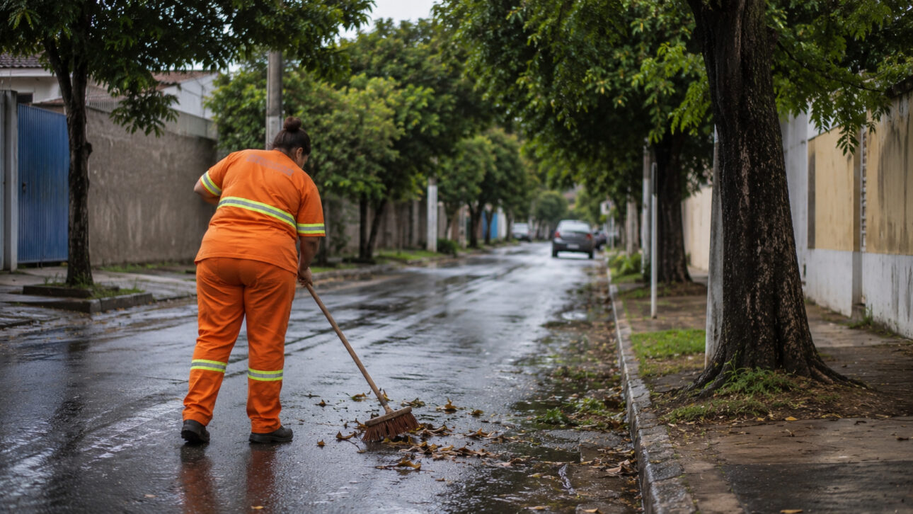 Gari varre uma rua molhada em bairro residencial durante o trabalho de limpeza urbana, ilustrando o caso da servidora que recebeu um Pix de mais de R$ 203 mil por engano e devolveu integralmente o valor ao verdadeiro proprietário.
