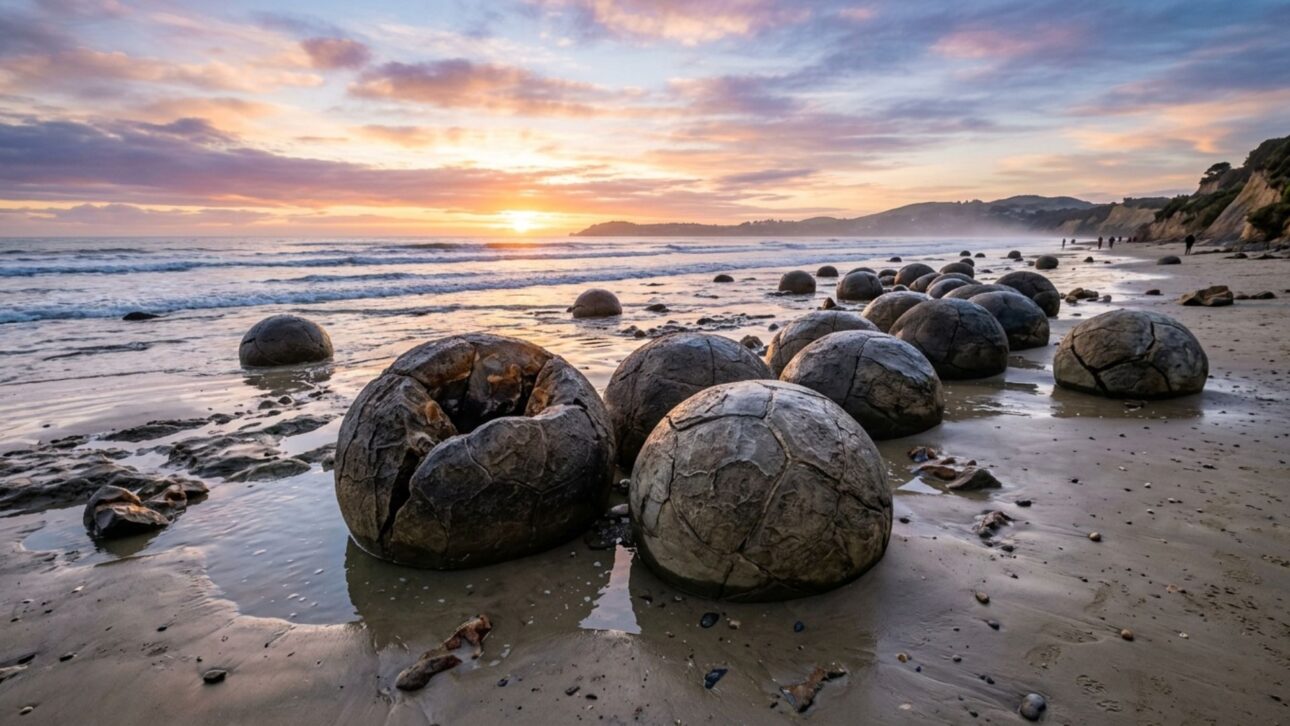 Espalhadas por uma praia da Nova Zelândia estão dezenas de esferas de pedra quase perfeitas, algumas do tamanho de um carro, e as que se partem revelam um interior rachado repleto de cristais, formado lentamente ao longo de cerca de 4 milhões de anos