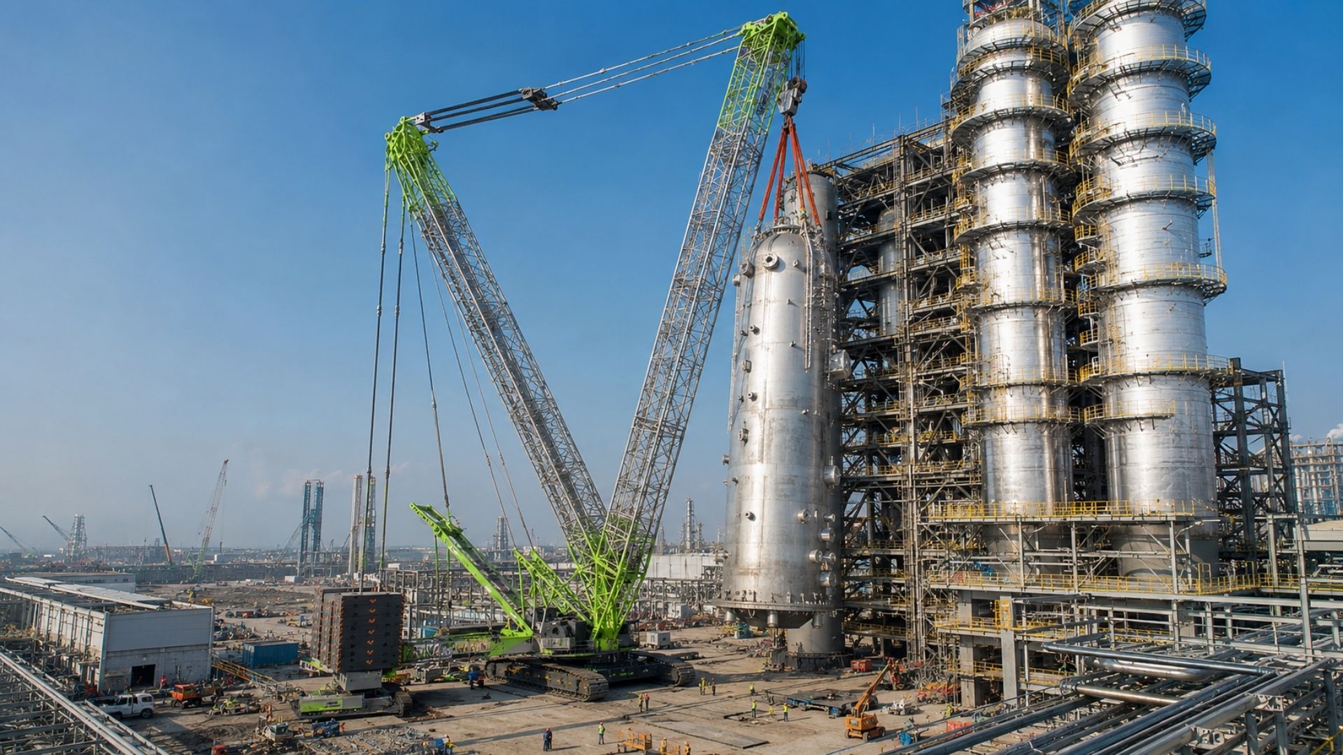 Na China, o guindaste Zoomlion ZCC89000 bateu 2 recordes e instalou o maior reator de hidrogenação de peça única do mundo, de 3.037 toneladas, em 6 dias.