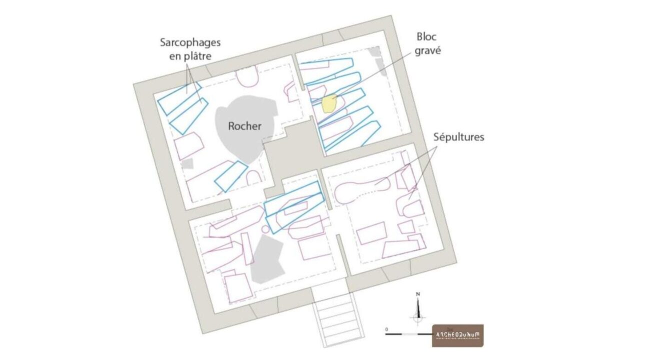 Um mapa mostrando a localização das antigas sepulturas no porão. Foto de Archeodunum.