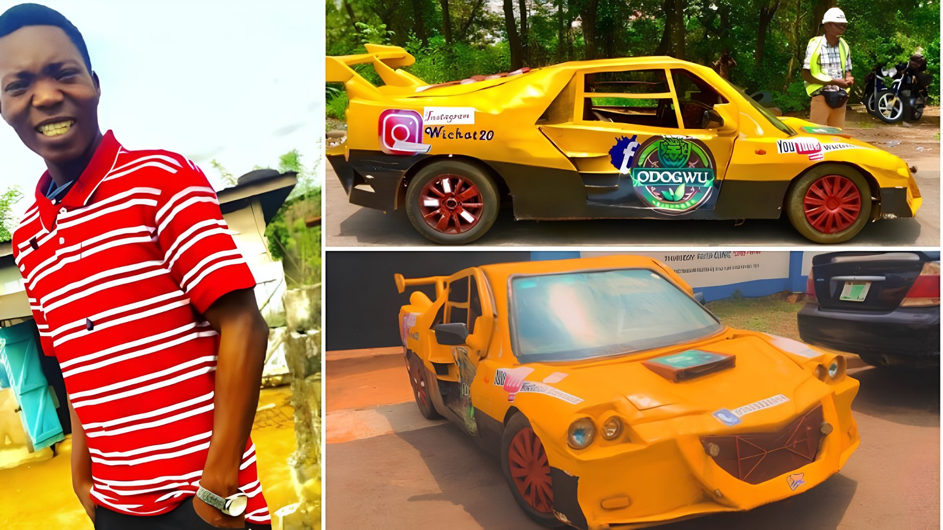 Ibitoye Olajide Michael construiu um carro com sucata, papelão, fibra de vidro e motor Volkswagen após ser rejeitado em engenharia mecânica.