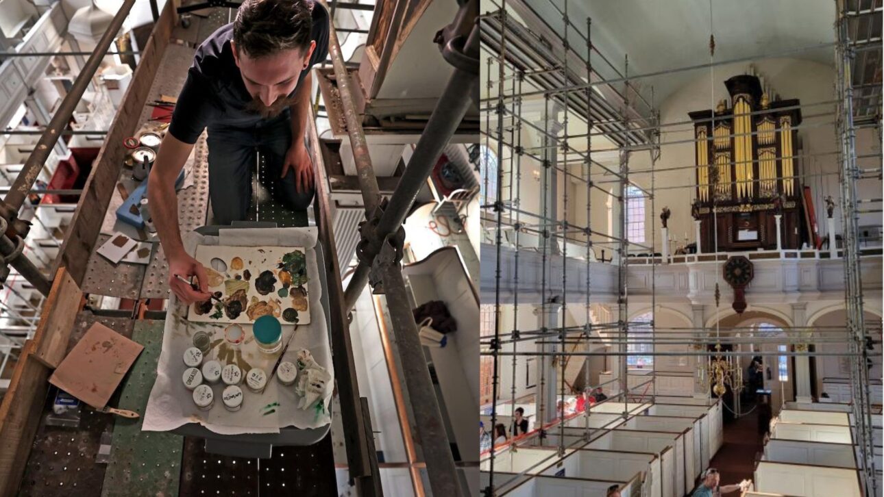 Restauradores removem sete camadas de tinta e revelam 20 anjos coloniais escondidos há mais de um século em igreja histórica de Boston.