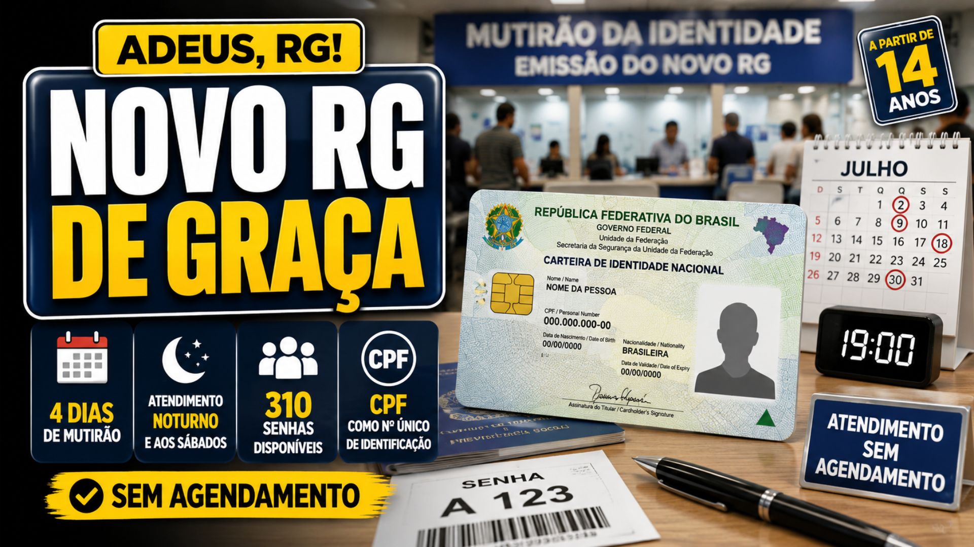 Novo RG gratuito terá mutirão em Viana, sem agendamento, com 310 senhas, atendimento noturno e sábado para emissão da CIN, em julho.