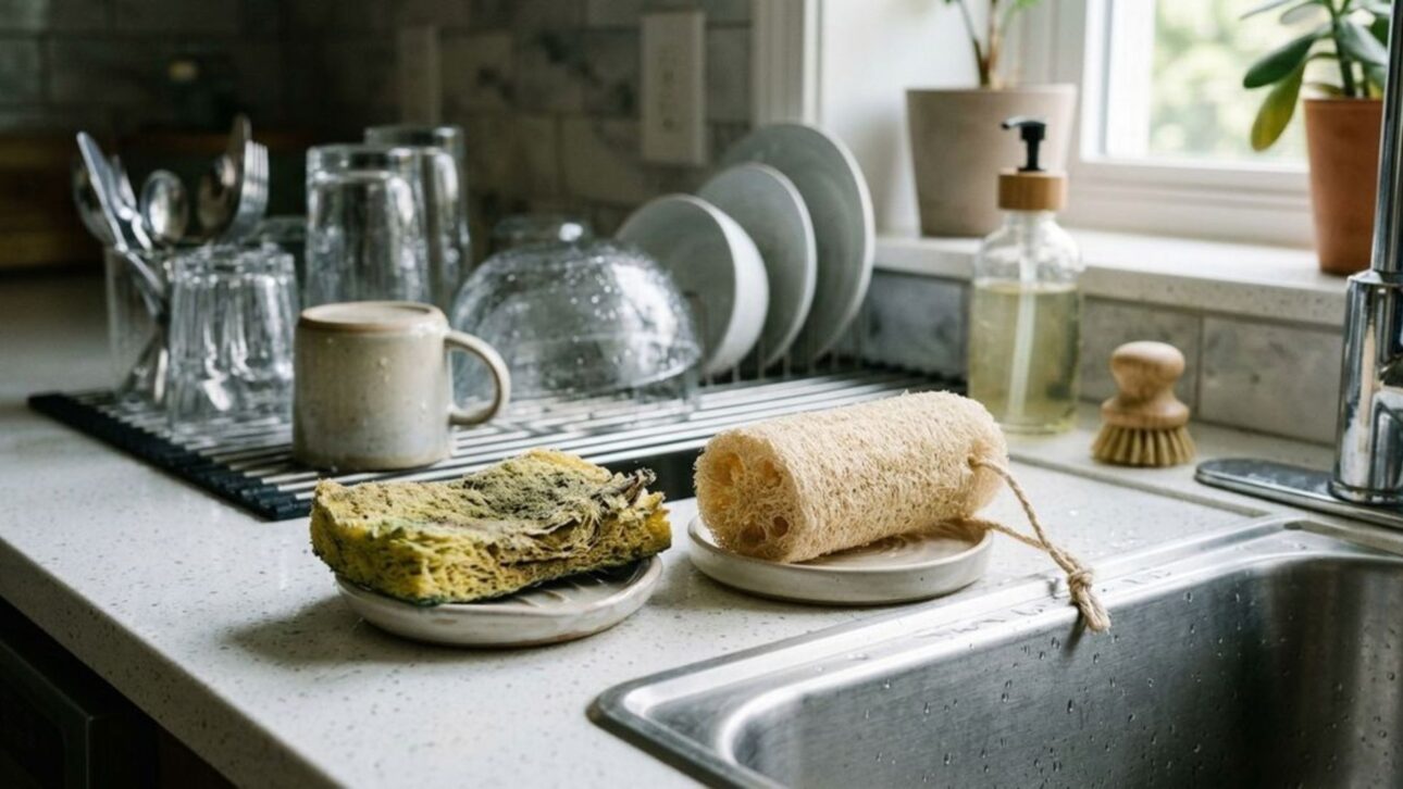 Descubra por que a esponja de cozinha está sendo substituída por bucha vegetal e fibra de coco para reduzir microplásticos na lavagem da louça.