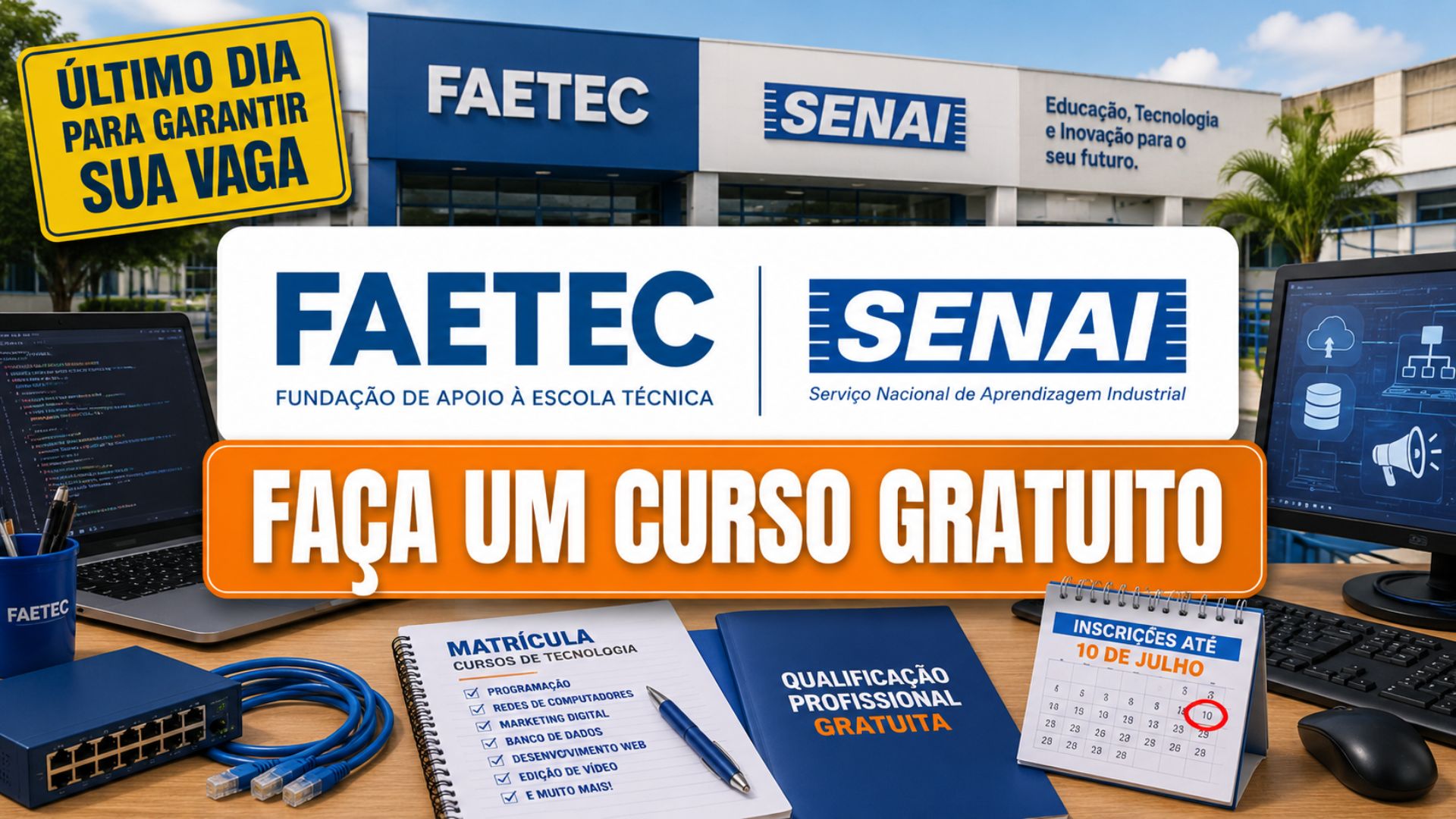 FAETEC e SENAI-RJ oferecem 1.311 vagas em cursos gratuitos de tecnologia. Inscrições presenciais terminam nesta sexta-feira (10).