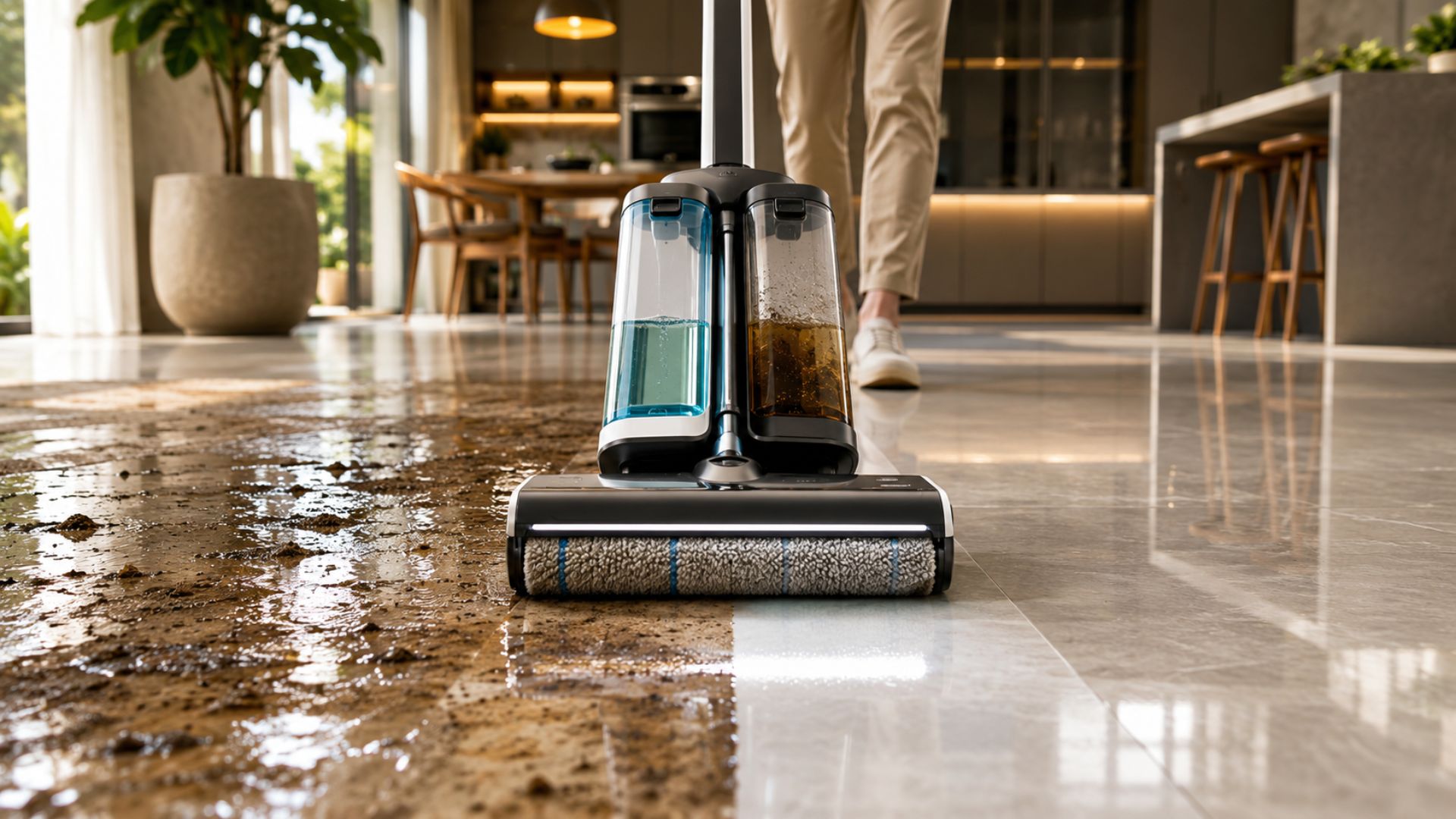 Philips OneUp separa água limpa da suja, usa até 90% menos água, reduz bactérias e funciona por até 70 minutos sem fio na limpeza de pisos.