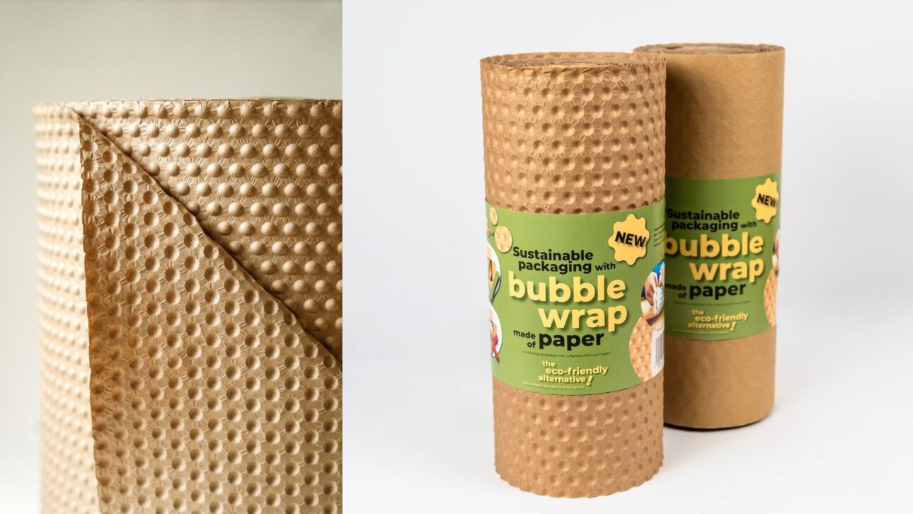 Startup alemã cria plástico-bolha de papel para proteger caixas de papelão e reduzir plástico em entregas, com projeto europeu de € 13 milhões.