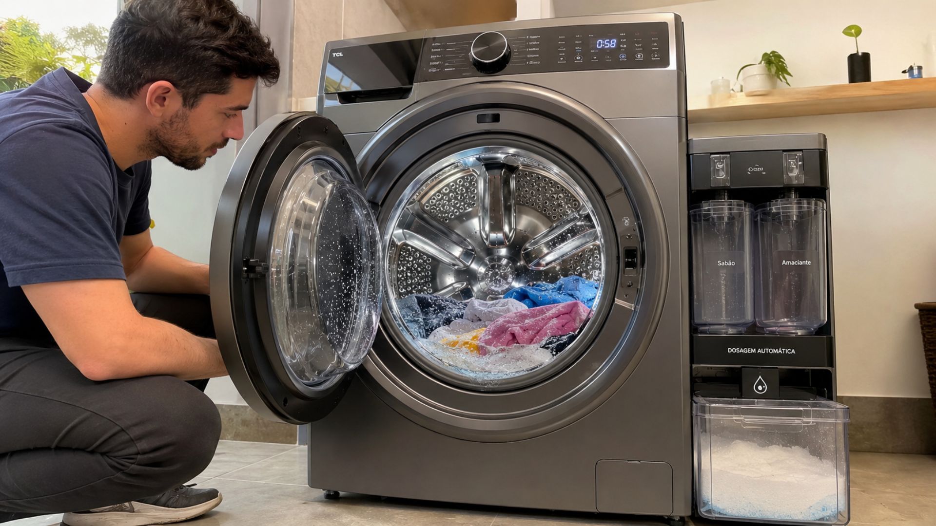 Conheça a TCL P682 Super Drum, lavadora com tambor de 540 mm, jetBubble, vapor, autodosagem, remoção de manchas e Wi-Fi para a rotina.