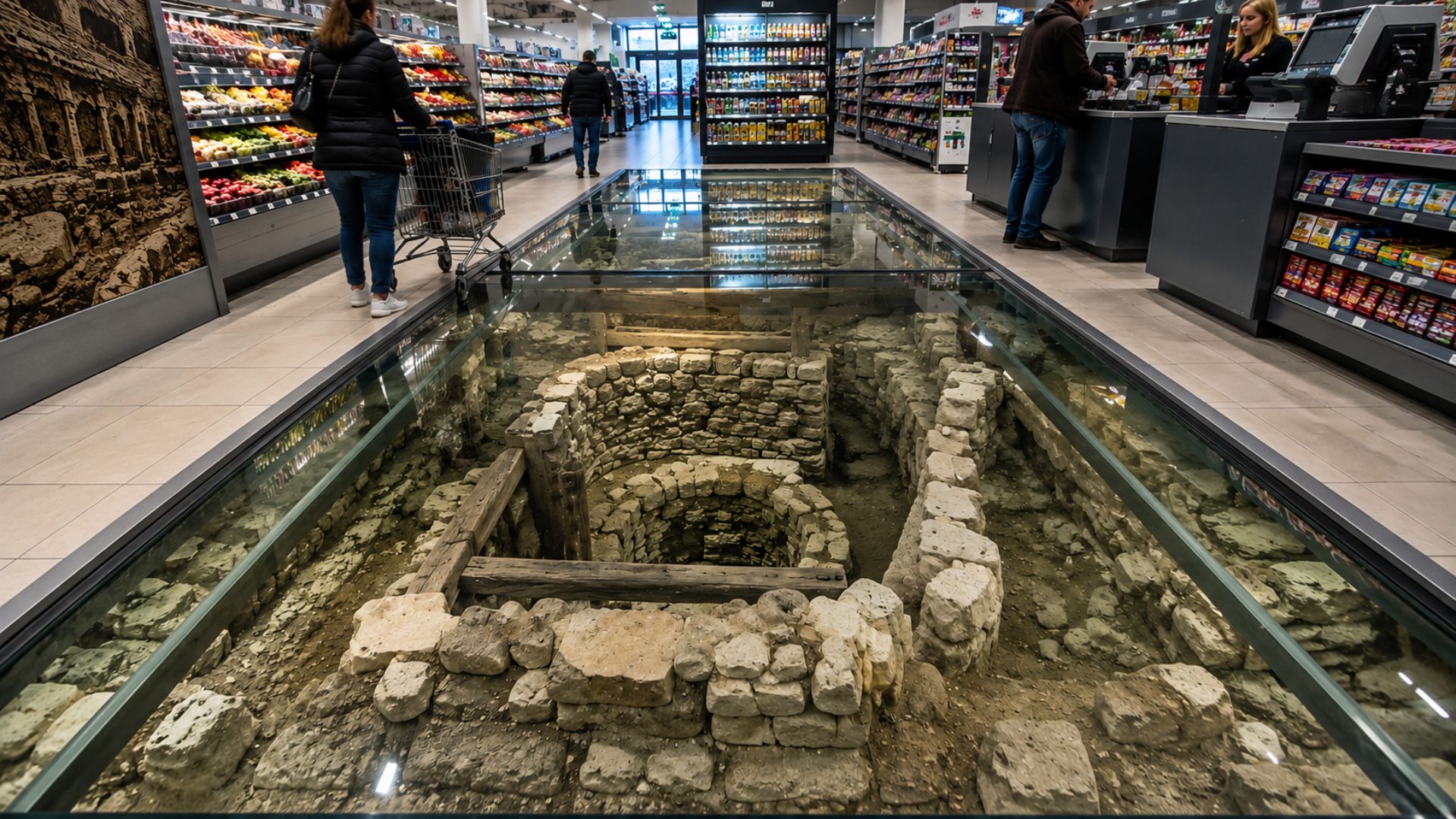 Supermercado em Dublin preserva ruínas do século XI e vestígios de teatro sob painéis de vidro instalados entre prateleiras e caixas.
