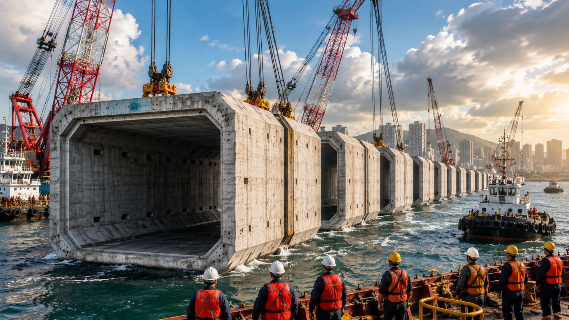 China afunda 18 tubos gigantes de concreto na Baía de Dalian para construir uma rodovia submarina de 5,1 km em uma megaobra de engenharia.
