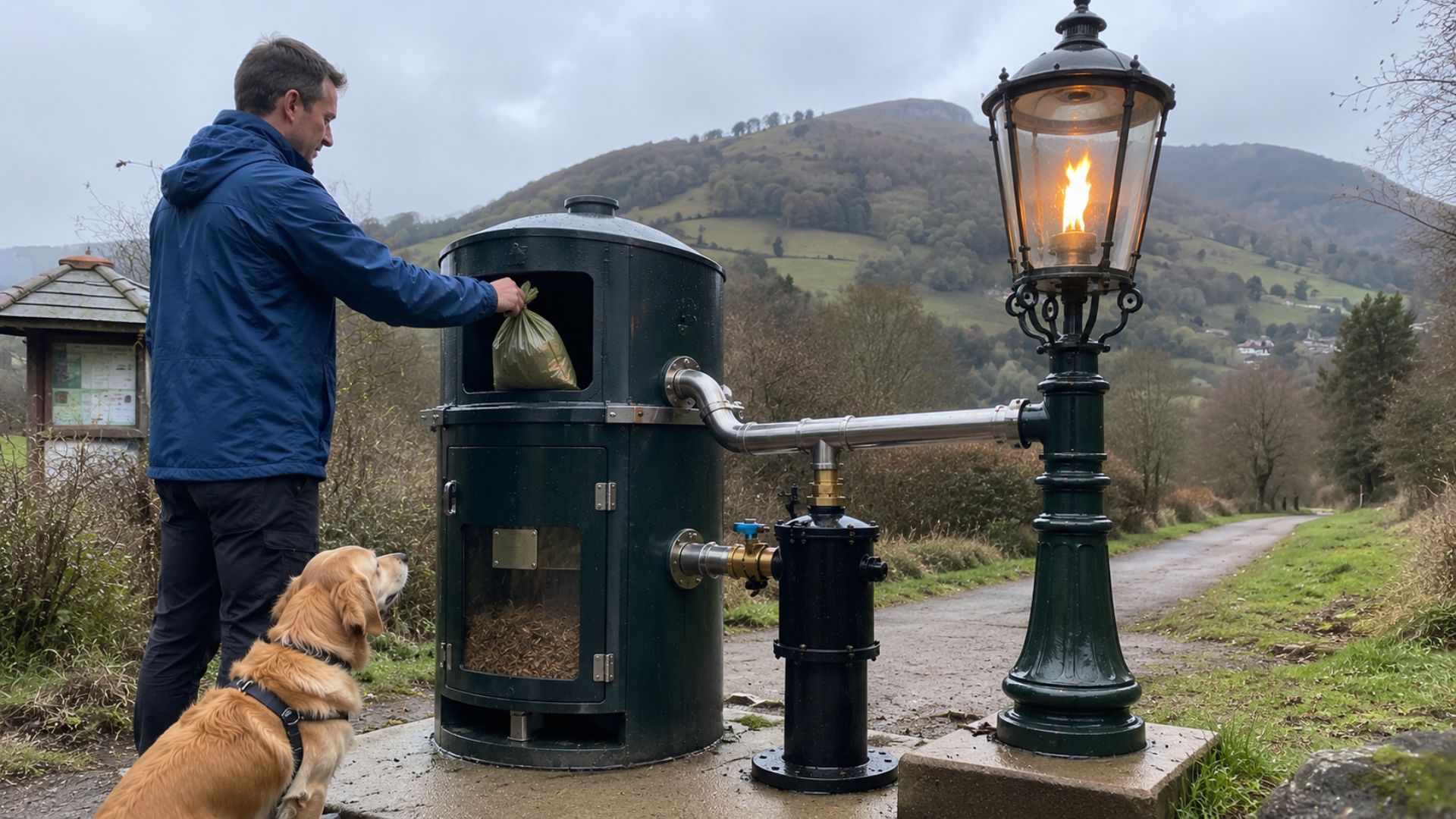 Projeto no Reino Unido transforma fezes de cachorro em biogás para acender luminária pública e reduzir resíduos em trilhas e parques.