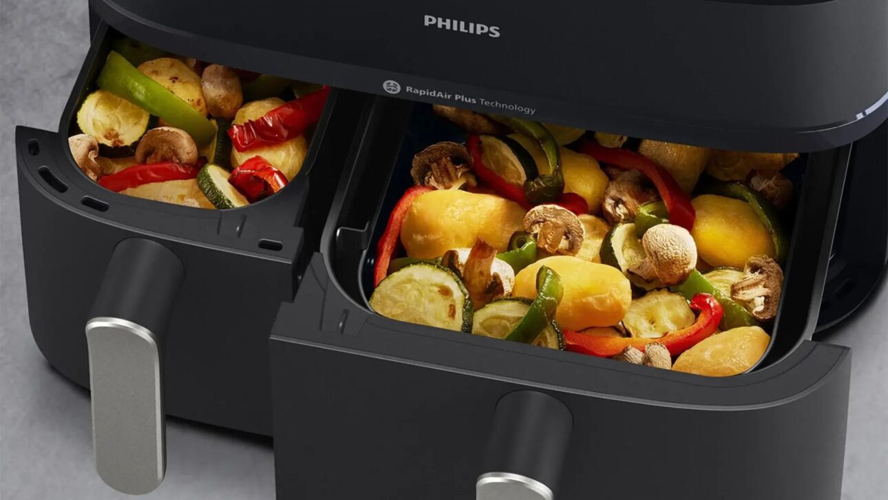 Conheça a Air Fryer Philips Série 5000 com vapor, dois cestos, 9 litros, sincronização de receitas e limpeza a vapor para facilitar o preparo.