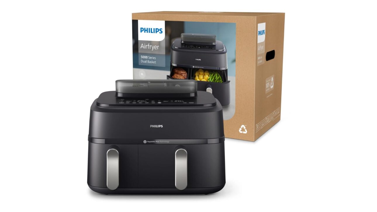 Conheça a Air Fryer Philips Série 5000 com vapor, dois cestos, 9 litros, sincronização de receitas e limpeza a vapor para facilitar o preparo.