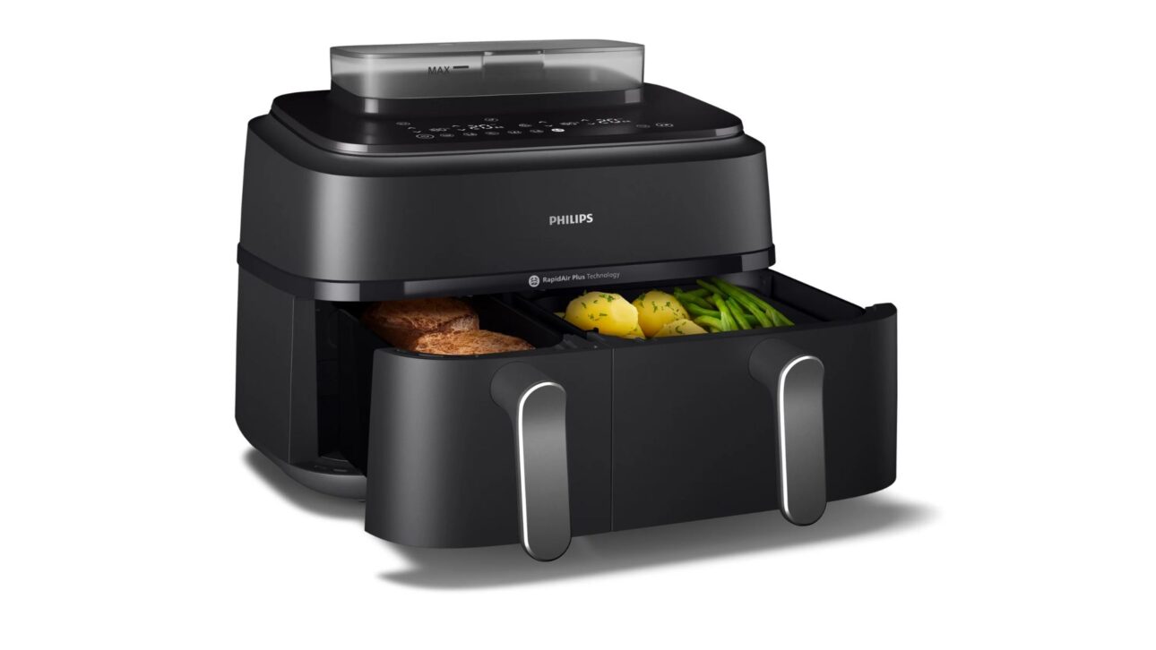 Conheça a Air Fryer Philips Série 5000 com vapor, dois cestos, 9 litros, sincronização de receitas e limpeza a vapor para facilitar o preparo.
