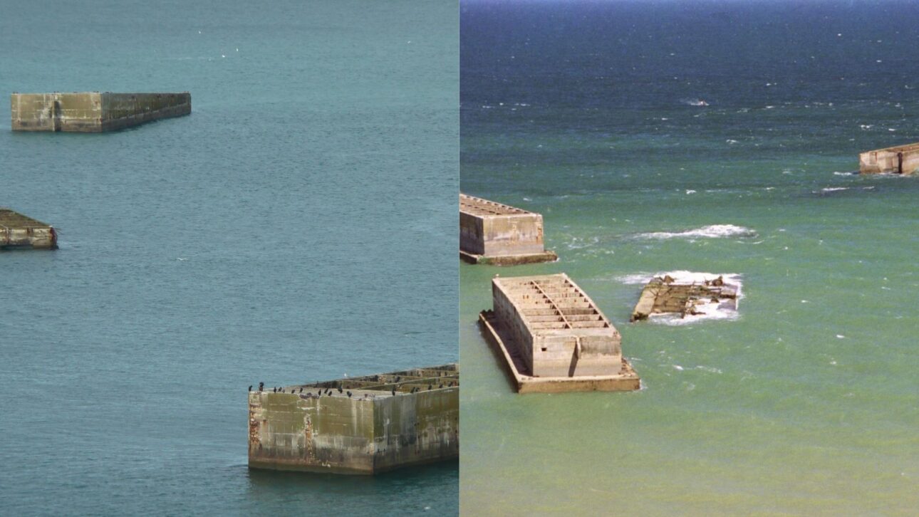Reino Unido rebocou caixões gigantes de concreto pelo Canal da Mancha e os afundou para criar portos artificiais na Normandia histórica.