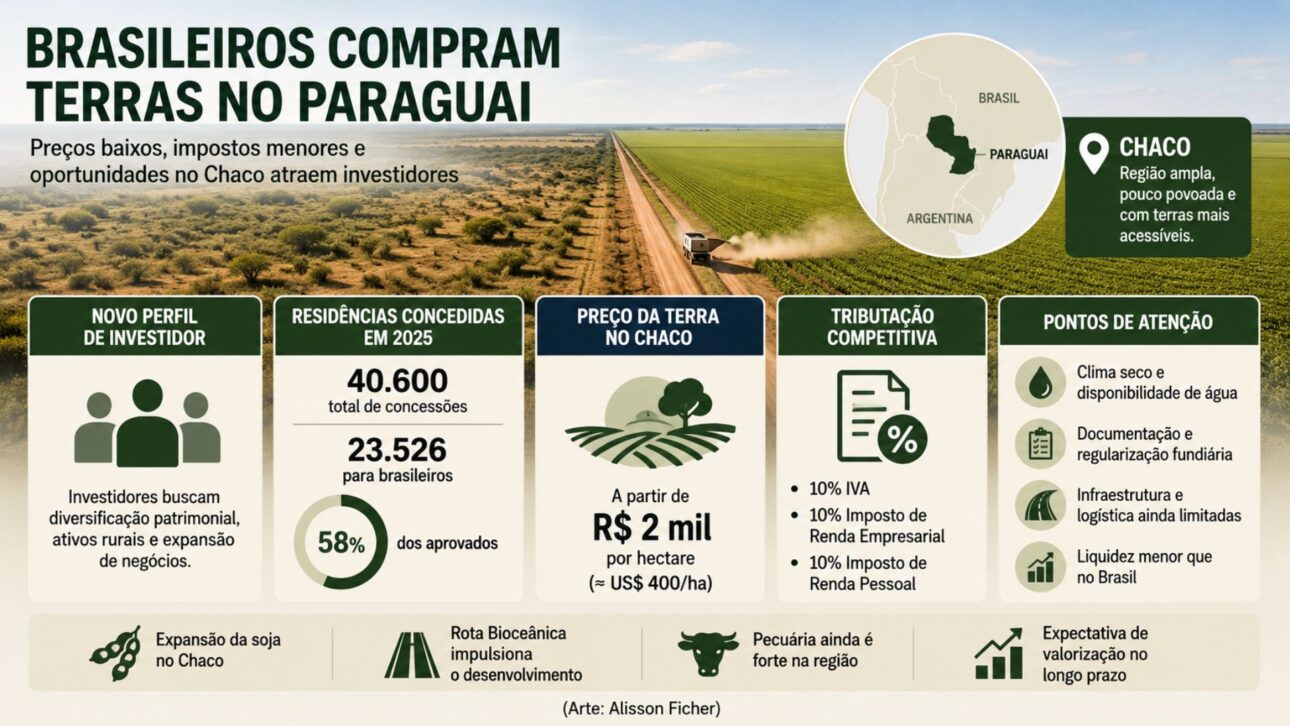Brasileiros impulsionam compra de terras no Paraguai, atraídos por preços baixos, impostos reduzidos e valorização do Chaco. Saiba por quê.