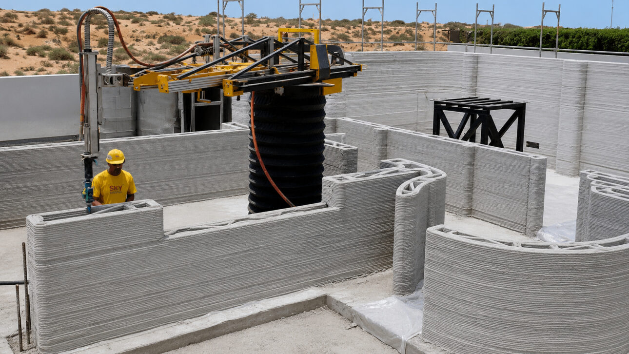 3D concrete printer building walls in layers at a construction site, with operator monitoring the process.