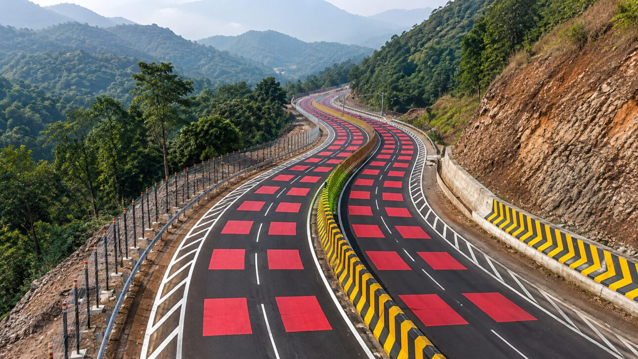 Rodovia sinuosa com marcações vermelhas em região montanhosa e florestal, ilustrando estrada inteligente criada na Índia para reduzir velocidade e proteger animais.