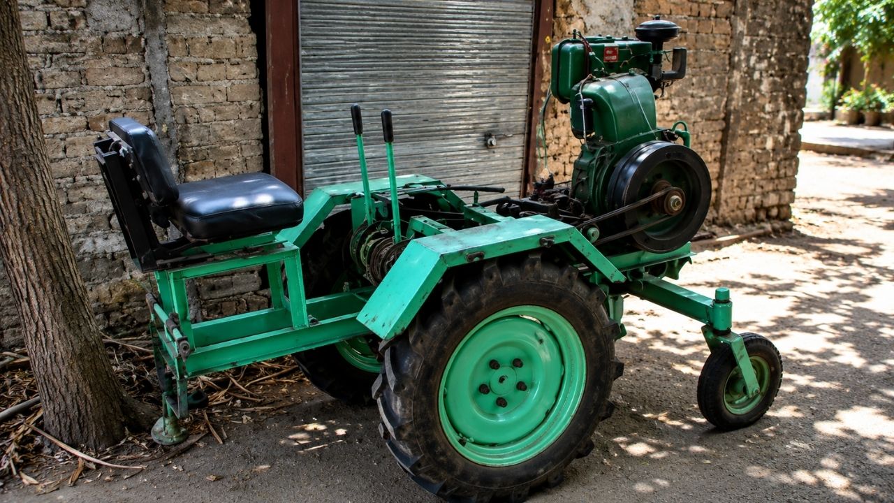 Indian inventor creates agricultural machine with levers, performs tractor functions and uses diesel in simple rural innovation.