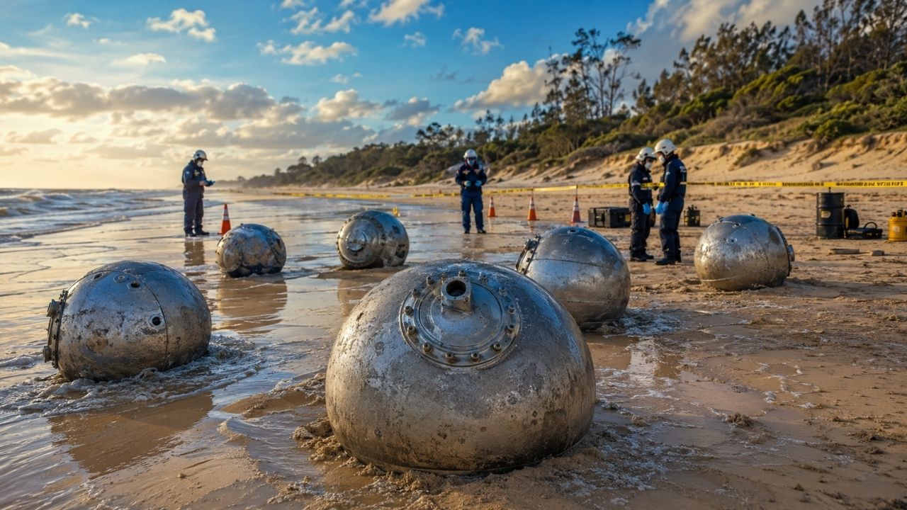 Investigação espacial em praia tranquila de Queensland começou após seis bolas metálicas misteriosas surgirem na areia, levarem autoridades a isolar 50 metros e acionarem (2)
