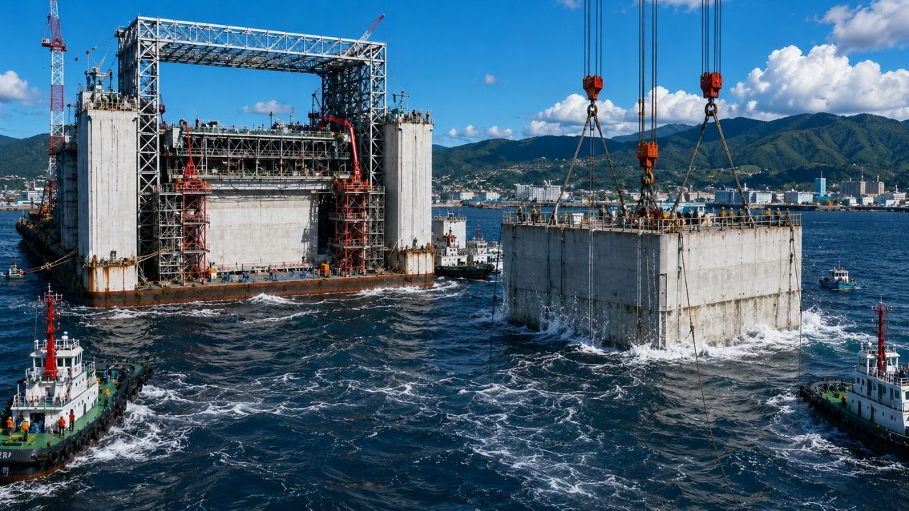 Japão levou uma fábrica de concreto para o mar, ergueu caixões gigantes em 8 dias e lançou as estruturas no oceano, cortando uma obra que antes levava até 3 meses e abrindo caminho para (6)