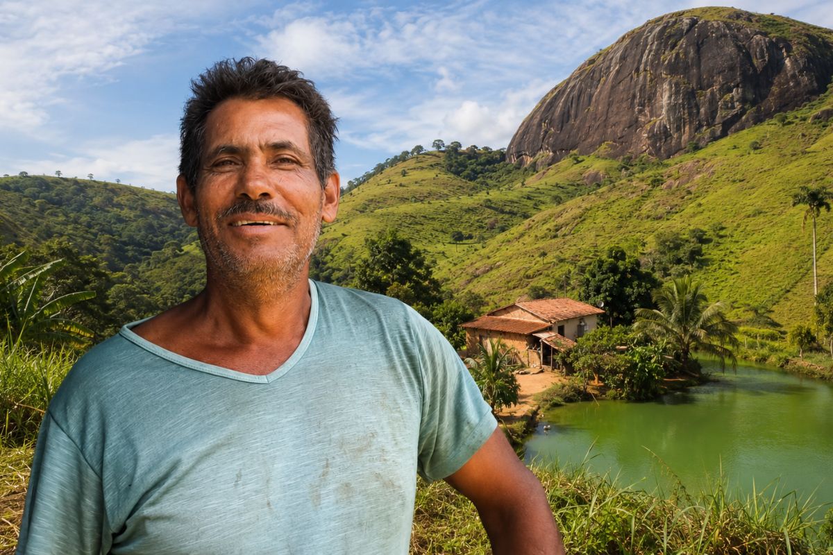 Aos 62 anos, Seu Arlindo vive há três décadas num sítio no pé de uma pedra na Bahia, com represa, cacau e água da mata. E diz que não vende por dinheiro nenhum.